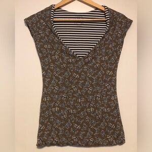 Marc Cain Taupe Butterflies V-Neck Tee with Striped Trim Reversible